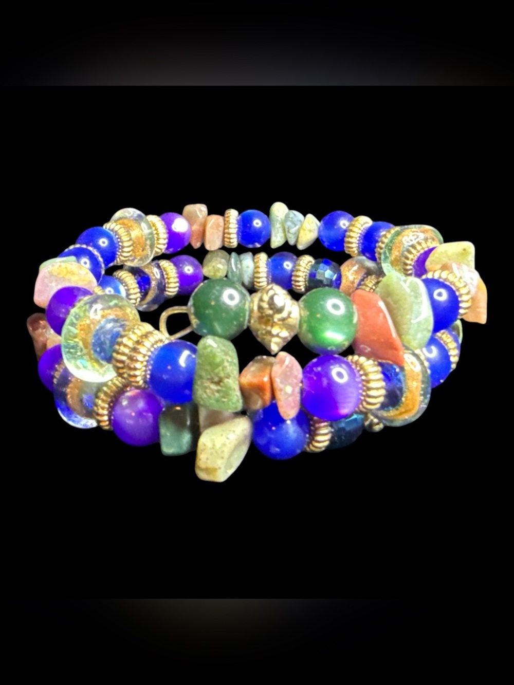 Handmade Blue Purple Cat’s Eye Glass & Gemstone Chip Memory Wire Wrap Bracelet